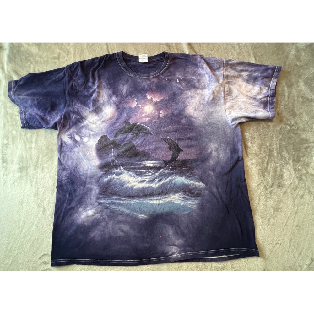 Gildan Graphic Tee Mens 2XL Purple Dolphin Ocean Tie Dye Heavy Cotton T-Shirt